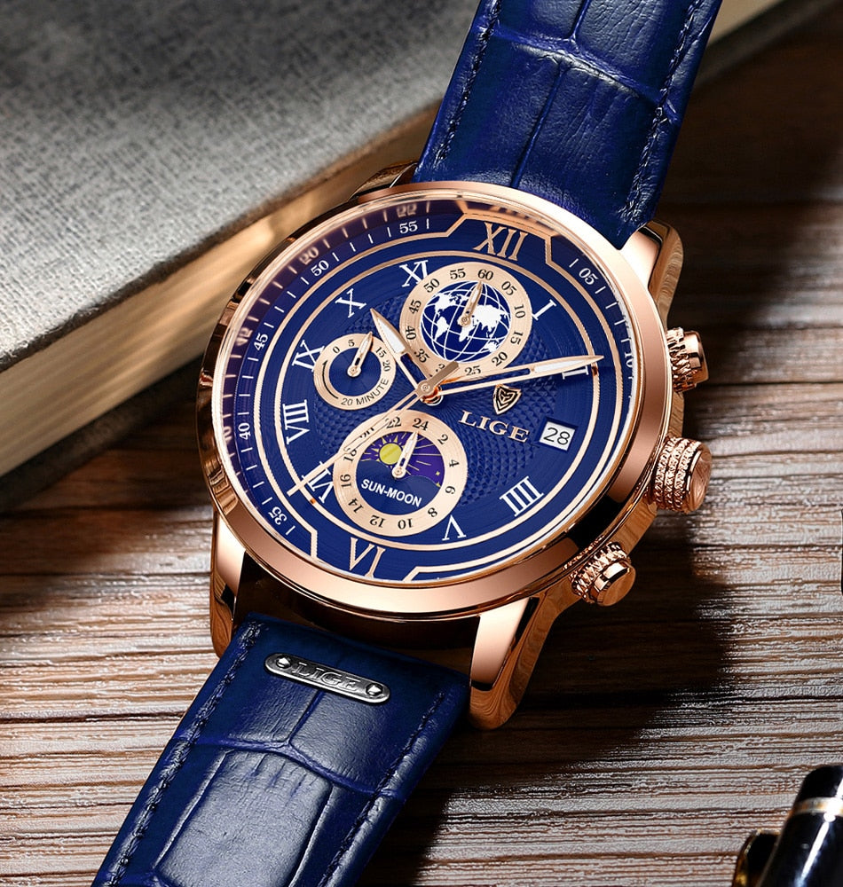 Elegante Herren Chronograph Uhr mit echtem Lederarmband, robustem Gehäuse und stilvollem, zeitlosem Design für jeden Anlass.