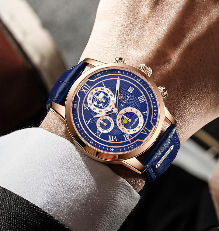 Elegante Herren Chronograph Uhr mit echtem Lederarmband, robustem Gehäuse und stilvollem, zeitlosem Design für jeden Anlass.