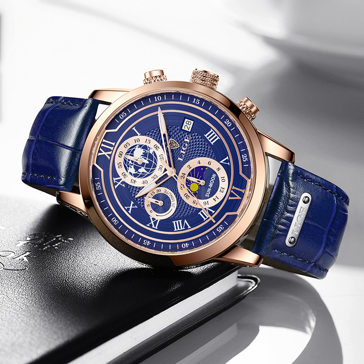 Elegante Herren Chronograph Uhr mit echtem Lederarmband, robustem Gehäuse und stilvollem, zeitlosem Design für jeden Anlass.