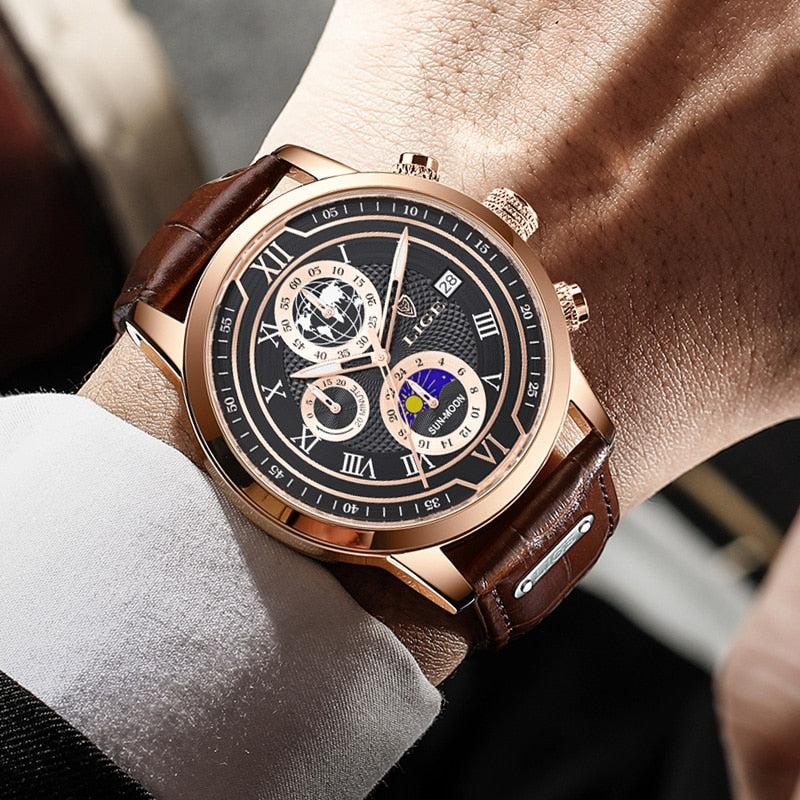 Elegante Herren Chronograph Uhr mit echtem Lederarmband, robustem Gehäuse und stilvollem, zeitlosem Design für jeden Anlass.