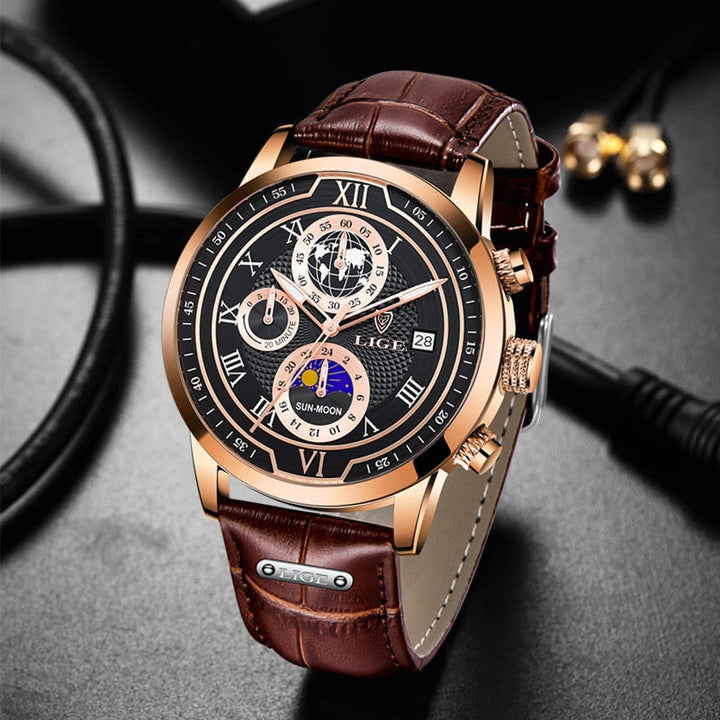 Elegante Herren Chronograph Uhr mit echtem Lederarmband, robustem Gehäuse und stilvollem, zeitlosem Design für jeden Anlass.