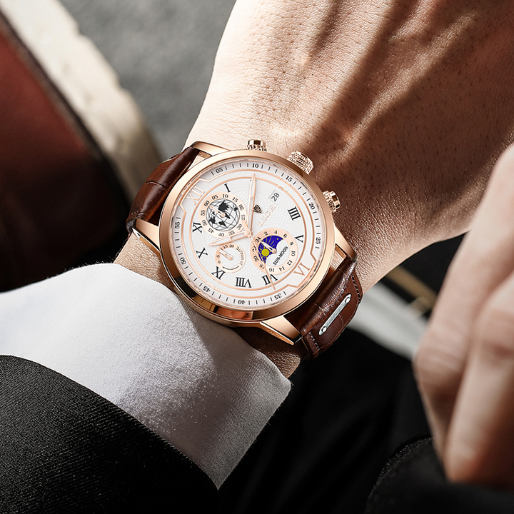 Elegante Herren Chronograph Uhr mit echtem Lederarmband, robustem Gehäuse und stilvollem, zeitlosem Design für jeden Anlass.