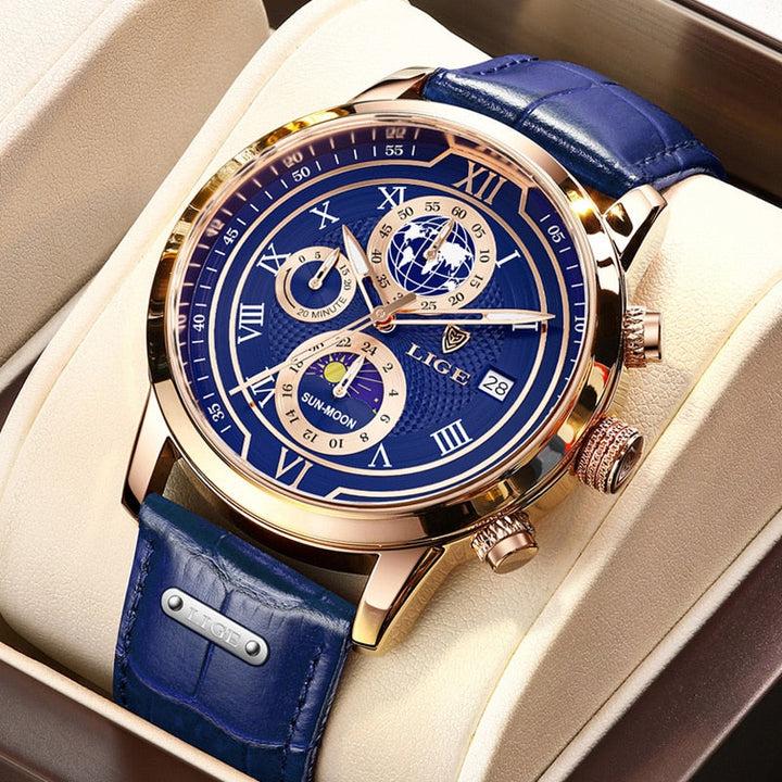 Elegante Herren Chronograph Uhr mit echtem Lederarmband, robustem Gehäuse und stilvollem, zeitlosem Design für jeden Anlass.