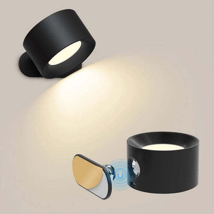 "Elegante kabellose Wandleuchte, schwarz, seitliche Ansicht, dimmbare LED mit 360° drehbarem Licht, flexibel positionierbar."