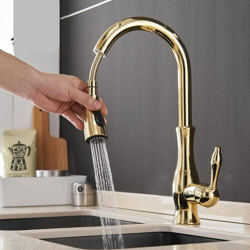 Elegante Küchenarmatur aus gebürstetem Nickel mit einziehbarer Brause, zeitloses Design für moderne Küchenumgebungen.
