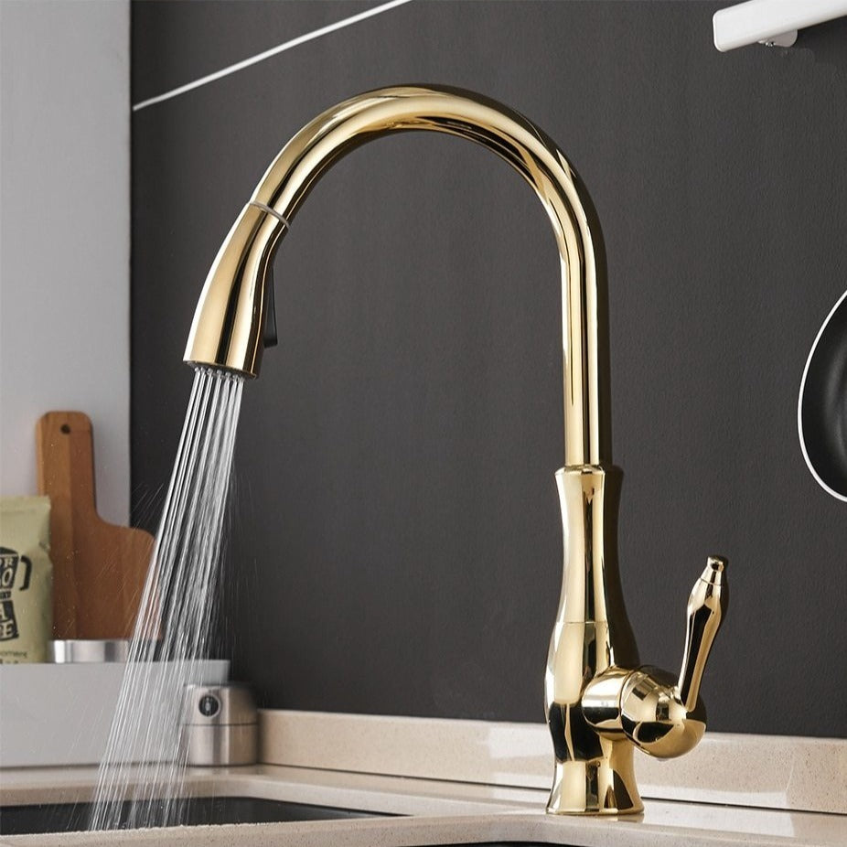 Elegante Küchenarmatur aus gebürstetem Nickel mit einziehbarer Brause, zeitloses Design für moderne Küchenumgebungen.