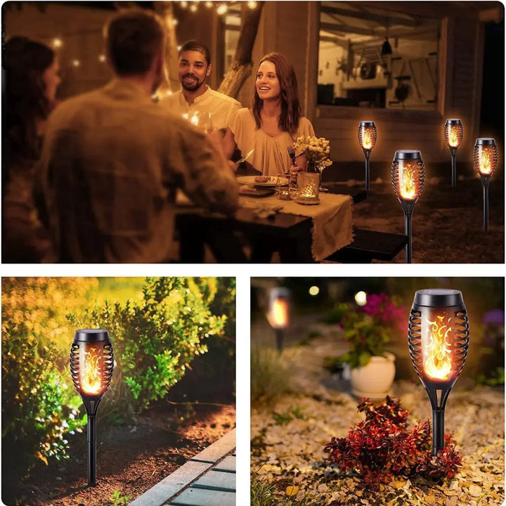 "Elegante LED Solar-Fackeln, wetterfest, im Garten, modern, umweltfreundlich, für stimmungsvolles Außenlicht."