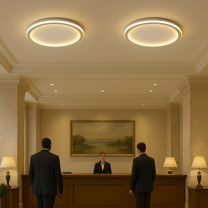 Elegante skandinavische LED-Deckenleuchte, dimmbar, rund, in modernem Esszimmer, warmweißes Licht, 40 cm Durchmesser.