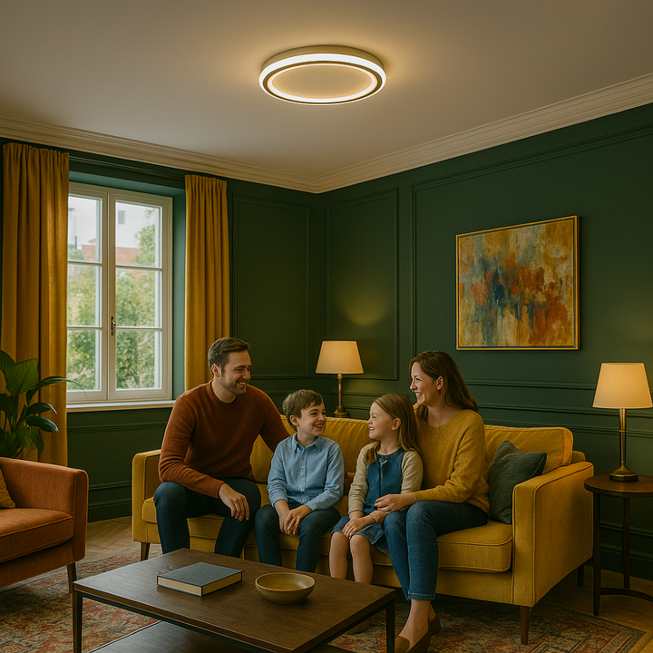 Elegante skandinavische LED-Deckenleuchte, dimmbar, rund, in modernem Esszimmer, warmweißes Licht, 40 cm Durchmesser.