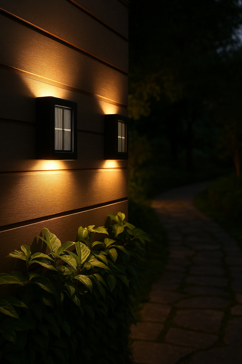 "Elegante Solar-LED-Wandlampe mit warmweißem Licht, wetterfest, solarbetrieben, ideal für Terrasse und Gartenbeleuchtung."