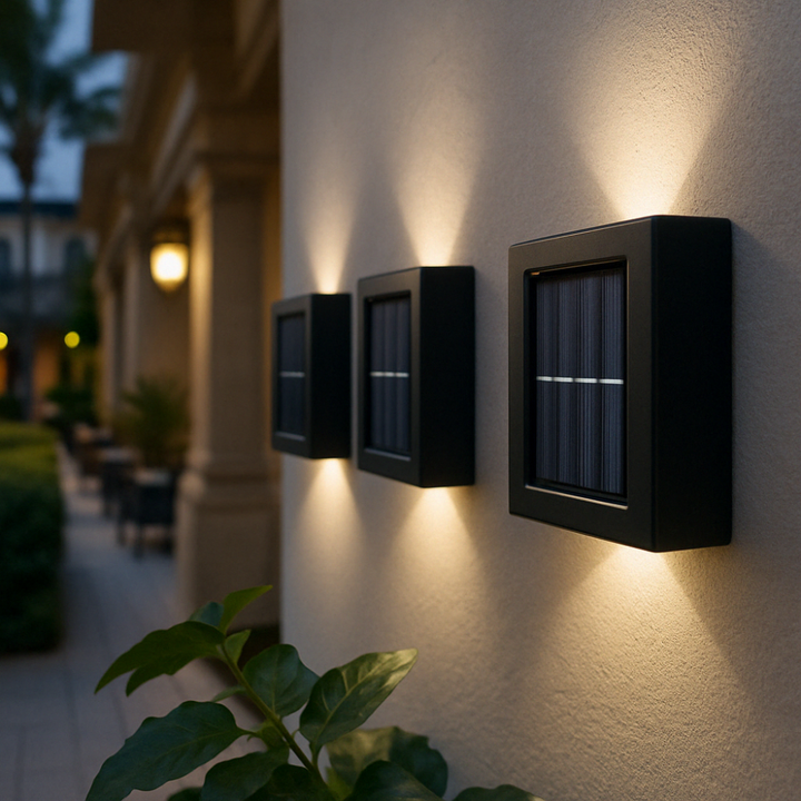 "Elegante Solar-LED-Wandlampe mit warmweißem Licht, wetterfest, solarbetrieben, ideal für Terrasse und Gartenbeleuchtung."
