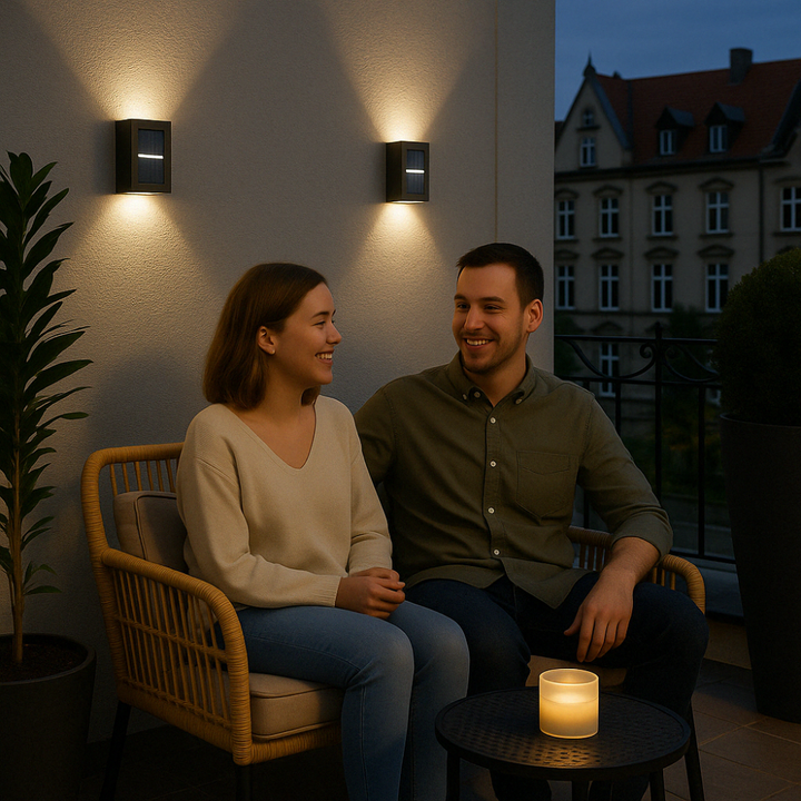 "Elegante Solar-LED-Wandlampe mit warmweißem Licht, wetterfest, solarbetrieben, ideal für Terrasse und Gartenbeleuchtung."