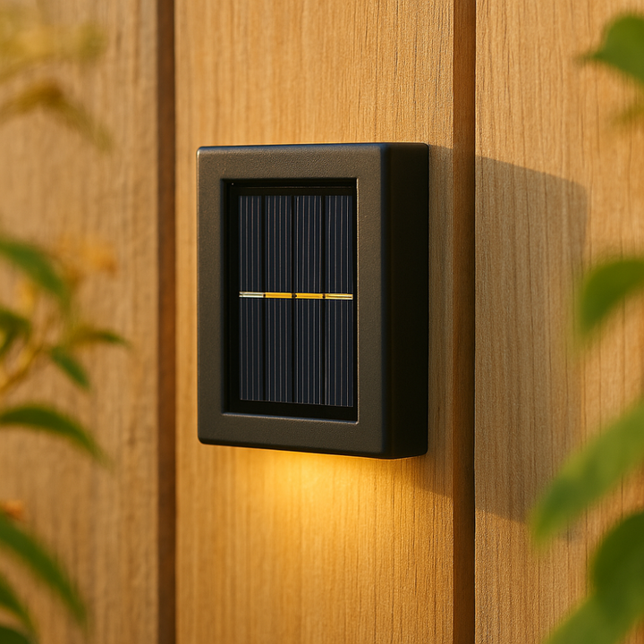 "Elegante Solar-LED-Wandlampe mit warmweißem Licht, wetterfest, solarbetrieben, ideal für Terrasse und Gartenbeleuchtung."