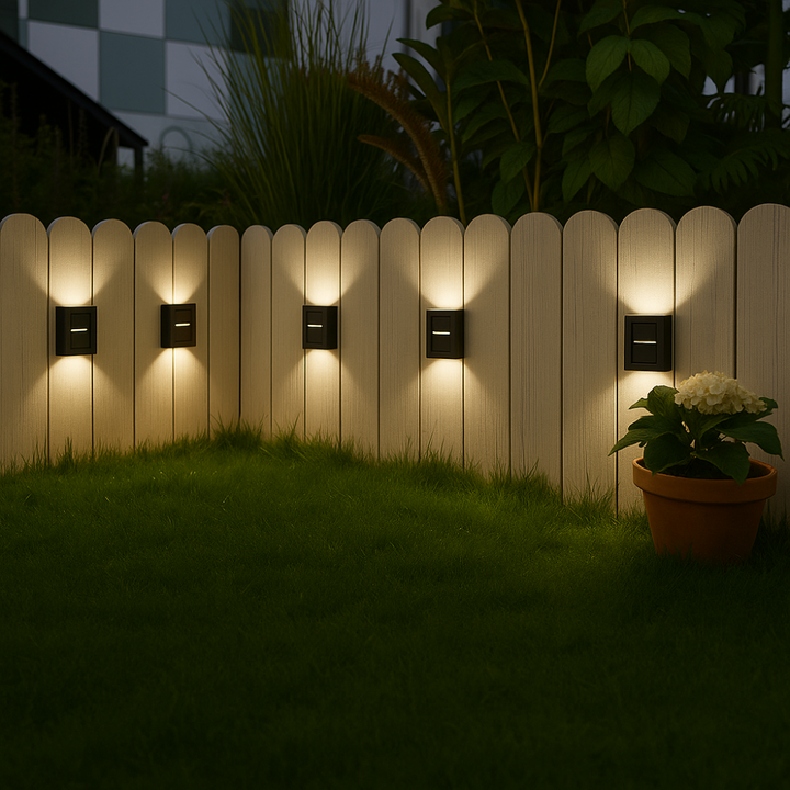 "Elegante Solar-LED-Wandlampe mit warmweißem Licht, wetterfest, solarbetrieben, ideal für Terrasse und Gartenbeleuchtung."
