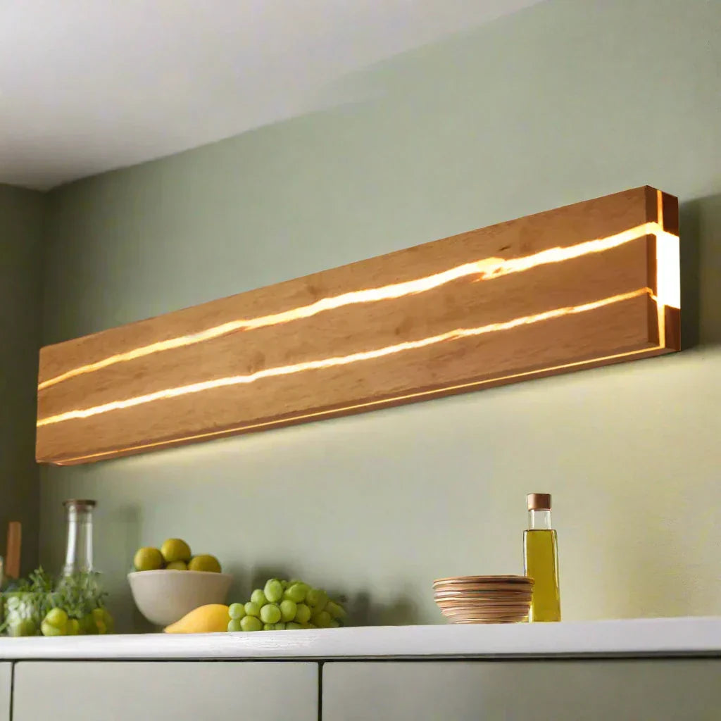 "Elegante Wandleuchte mit natürlichem Holzrissmuster, LED und Acryl; modernes Design für Wohnräume."