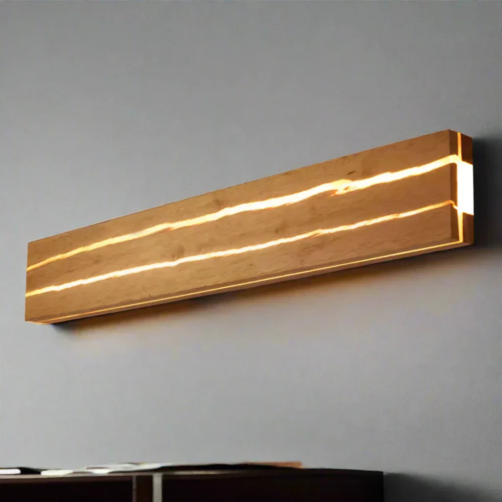 "Elegante Wandleuchte mit natürlichem Holzrissmuster, LED und Acryl; modernes Design für Wohnräume."