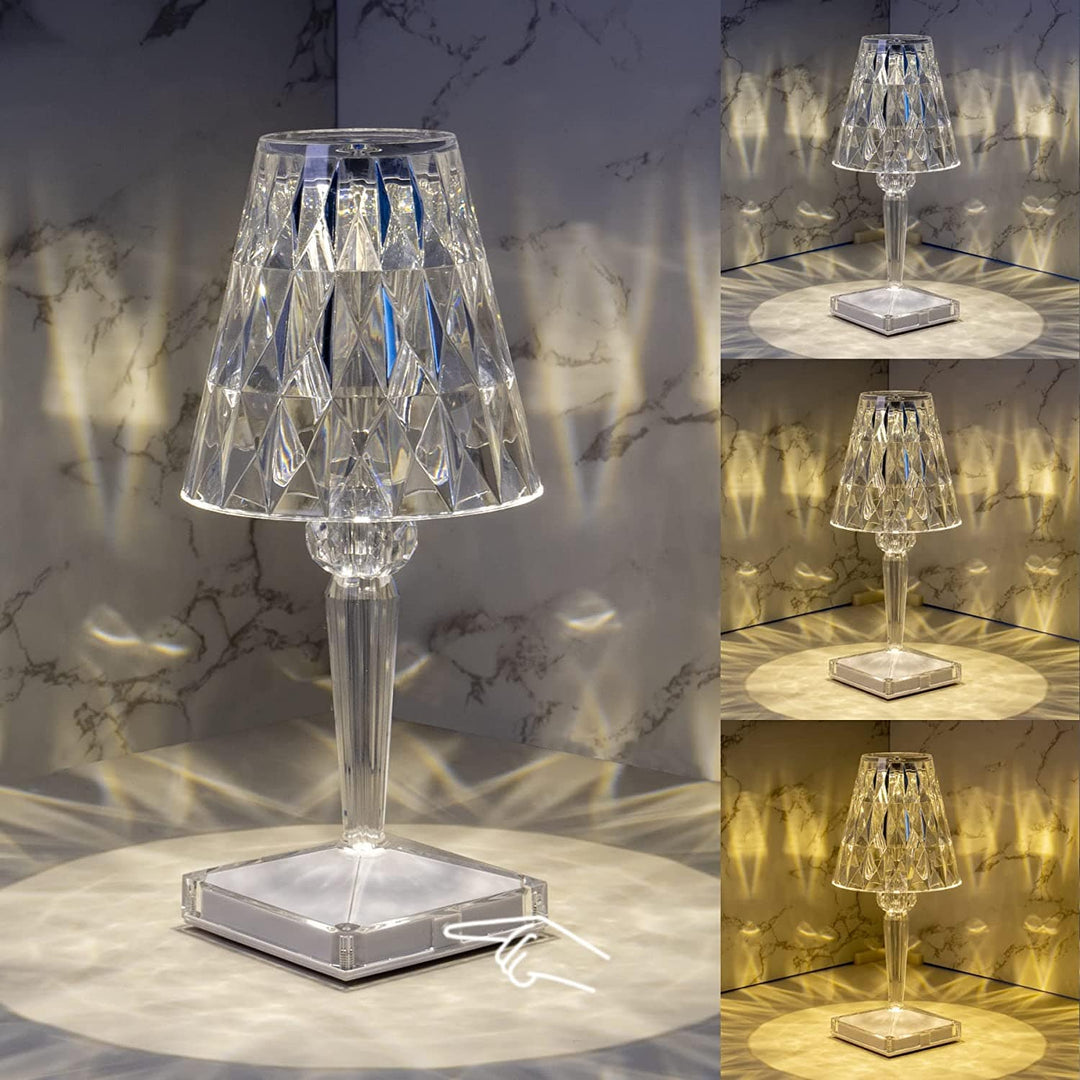 "Elegante, wiederaufladbare LED-Tischlampe mit funkelndem Diamantdesign und vielseitigen Lichtoptionen."