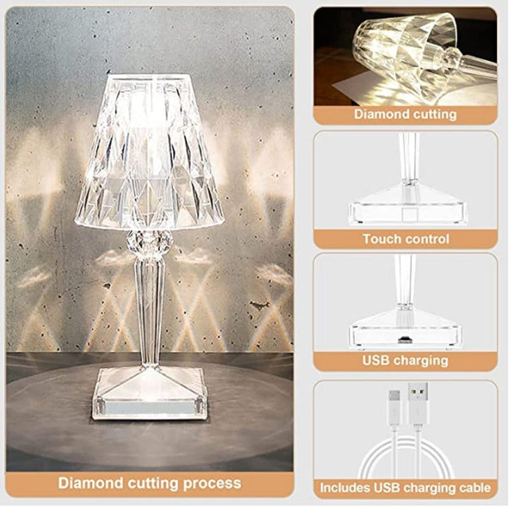 "Elegante, wiederaufladbare LED-Tischlampe mit funkelndem Diamantdesign und vielseitigen Lichtoptionen."