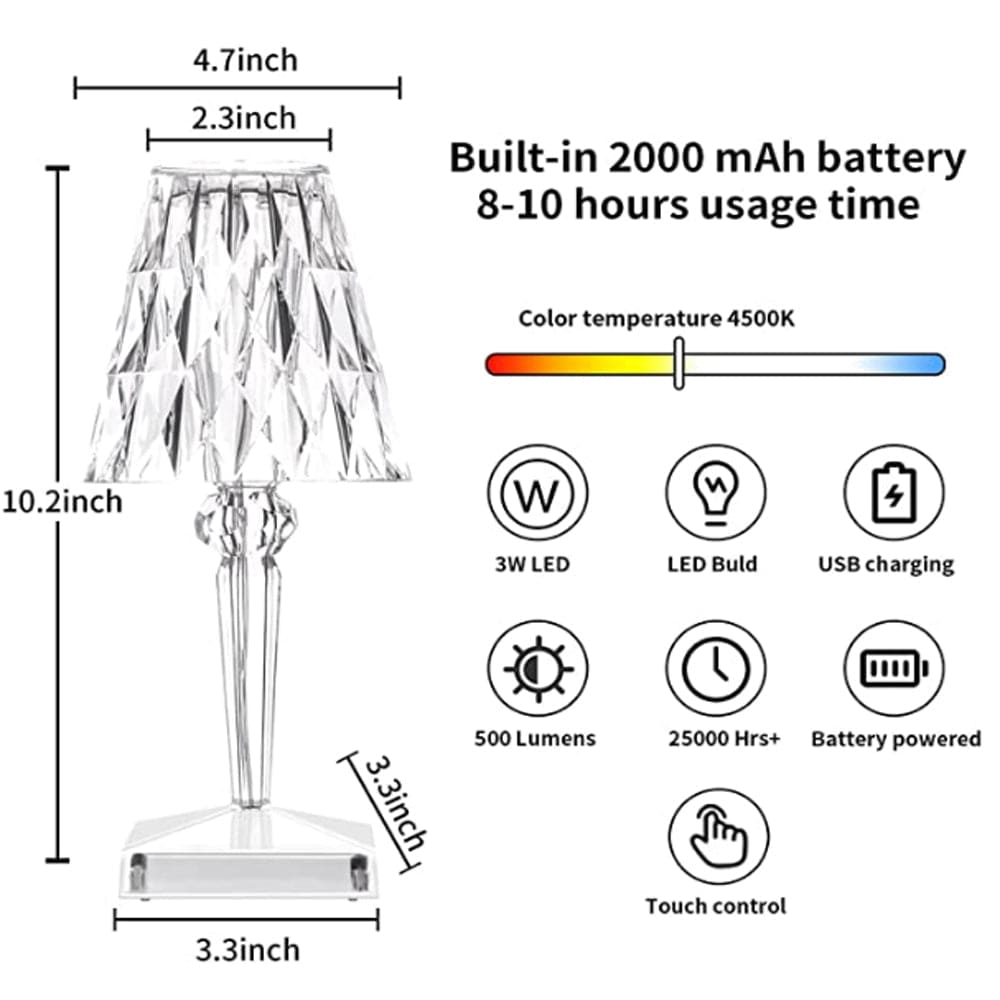 "Elegante, wiederaufladbare LED-Tischlampe mit funkelndem Diamantdesign und vielseitigen Lichtoptionen."