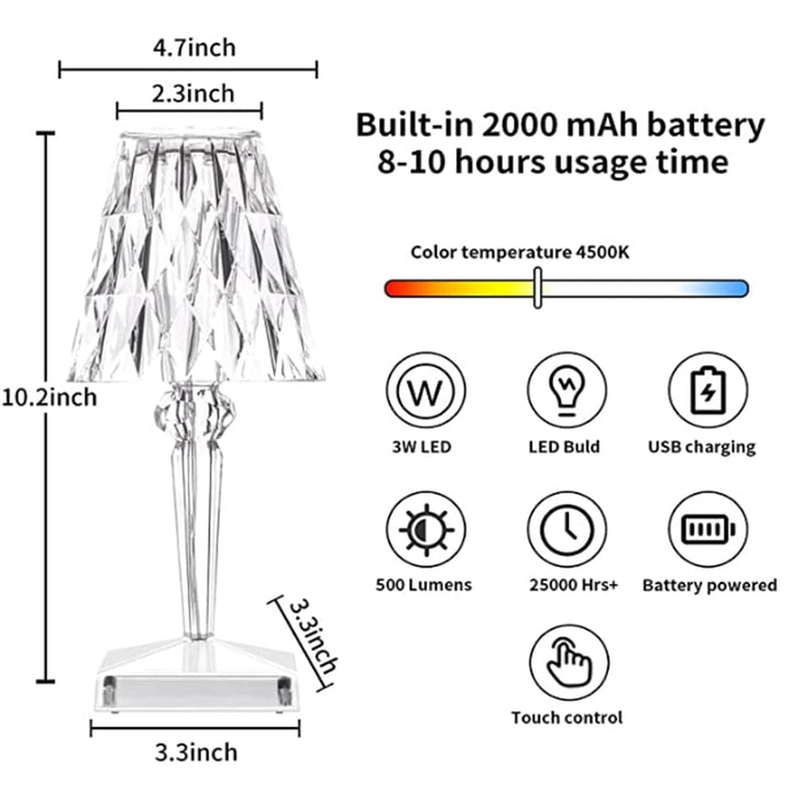 "Elegante, wiederaufladbare LED-Tischlampe mit funkelndem Diamantdesign und vielseitigen Lichtoptionen."