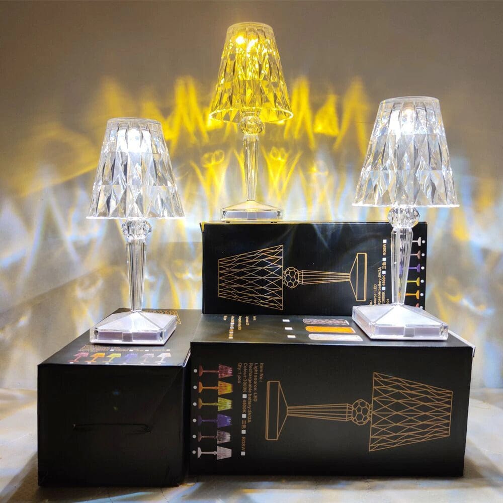 "Elegante, wiederaufladbare LED-Tischlampe mit funkelndem Diamantdesign und vielseitigen Lichtoptionen."