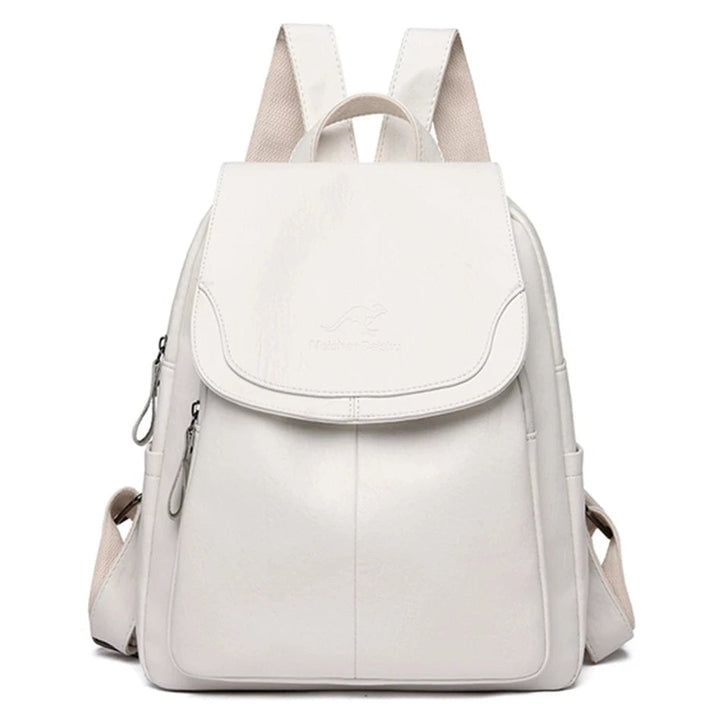 Eleganter Damenrucksack in Beige mit verstellbaren Trägern und Sicherheitsmerkmalen, ideal für Alltag und Reisen.