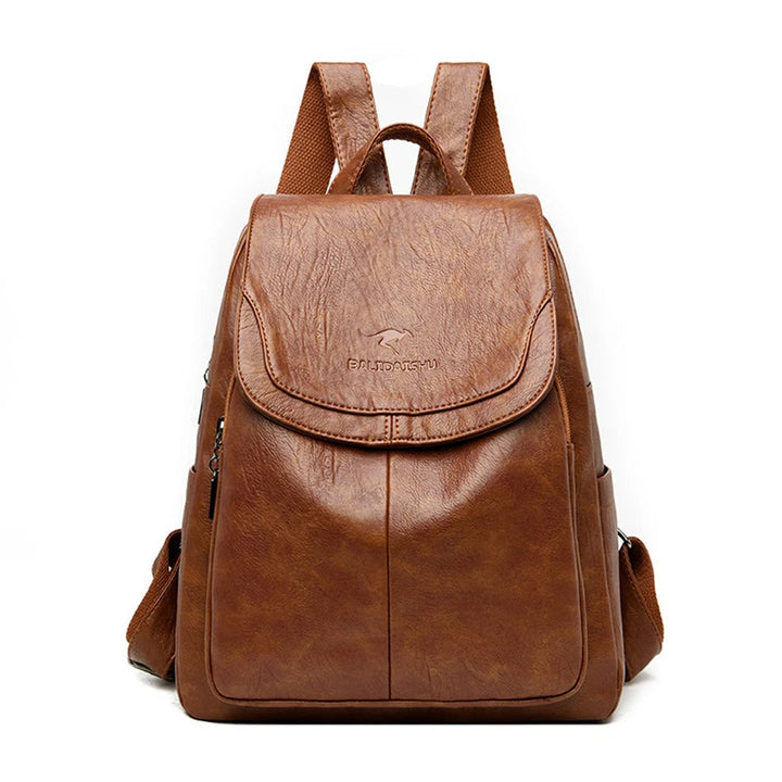Eleganter Damenrucksack in Beige mit verstellbaren Trägern und Sicherheitsmerkmalen, ideal für Alltag und Reisen.