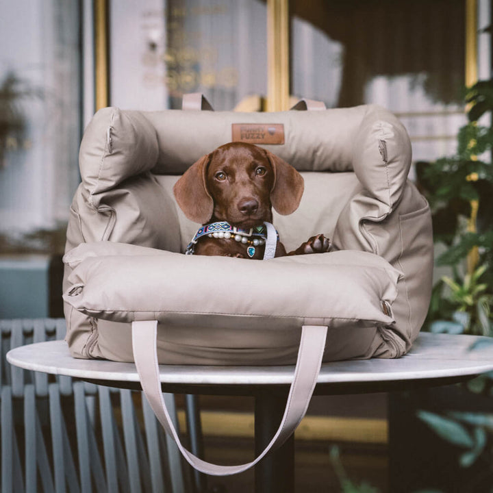 Eleganter Kunstleder-Hundeautositz in Schwarz, komfortabel mit Sicherheitsleinen und Polsterung, stilvoll für Reisen.