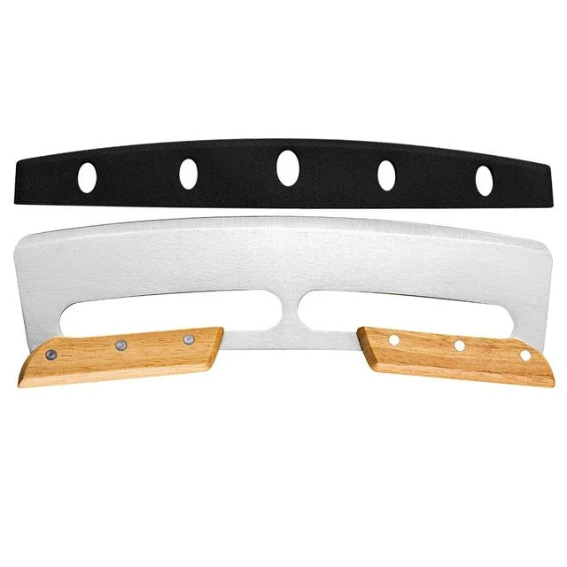 "Eleganter Pizzaschneider mit 35 cm gebogener Edelstahlklinge und ergonomischem Holzgriff, perfekt für präzise Schnitte."