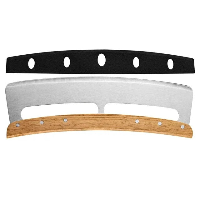 "Eleganter Pizzaschneider mit 35 cm gebogener Edelstahlklinge und ergonomischem Holzgriff, perfekt für präzise Schnitte."
