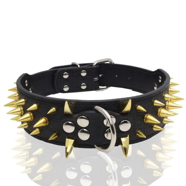 "Elegantes, verstellbares Hundehalsband mit auffälligen Goldnieten, ideal für große Hunde, robust und stilvoll."