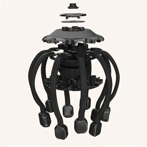 Elektrischer Kopfmassager mit 10 vibrierenden Köpfen, ergonomisch und flexibel, für entspannende Kopfhautmassage.