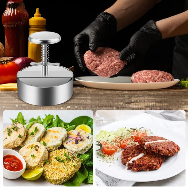 "Ergonomische Hamburgerpresse aus Edelstahl, antihaftbeschichtet für perfekte, gleichmäßige Burger, simple Anwendung."