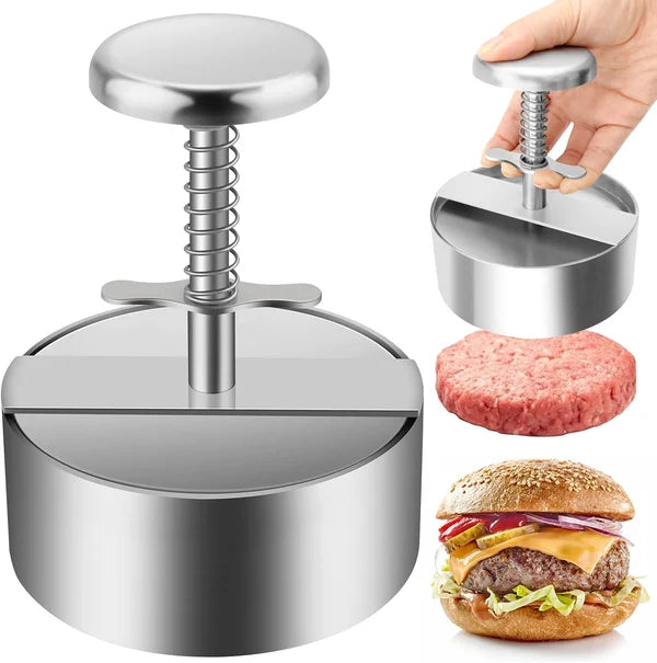 "Ergonomische Hamburgerpresse aus Edelstahl, antihaftbeschichtet für perfekte, gleichmäßige Burger, simple Anwendung."