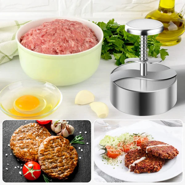 "Ergonomische Hamburgerpresse aus Edelstahl, antihaftbeschichtet für perfekte, gleichmäßige Burger, simple Anwendung."