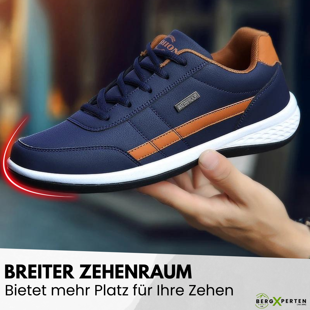 Ergonomische Komfortschuhe, blaue Akzente, atmungsaktives Material, breite Zehenpartie, ideal für Bewegung und Alltag.