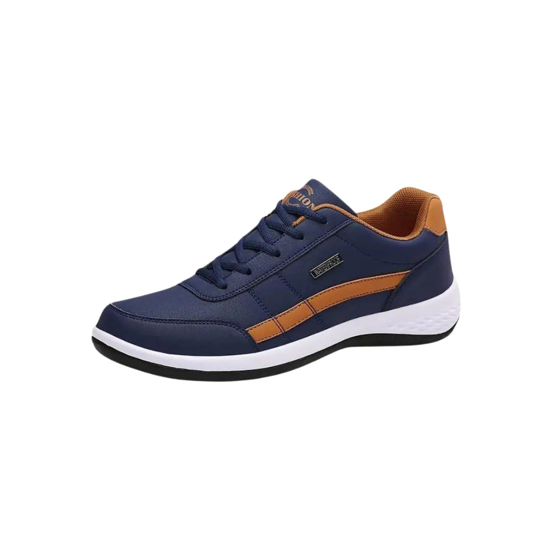 Ergonomische Komfortschuhe, blaue Akzente, atmungsaktives Material, breite Zehenpartie, ideal für Bewegung und Alltag.