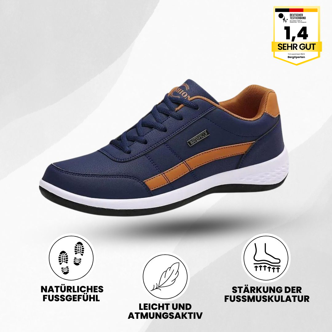 Ergonomische Komfortschuhe, blaue Akzente, atmungsaktives Material, breite Zehenpartie, ideal für Bewegung und Alltag.