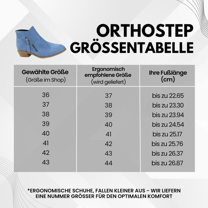 Ergonomische Stiefeletten mit Schmerzreduktion, breite Zehenbox, stylisches Design, in Beige, Blau, Orange, Schwarz.