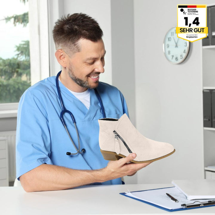 Ergonomische Stiefeletten mit Schmerzreduktion, breite Zehenbox, stylisches Design, in Beige, Blau, Orange, Schwarz.