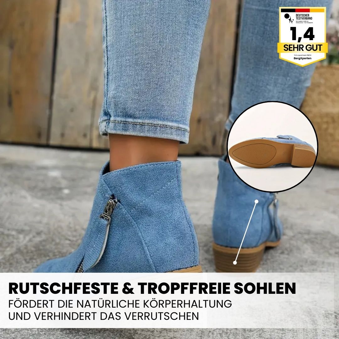 Ergonomische Stiefeletten mit Schmerzreduktion, breite Zehenbox, stylisches Design, in Beige, Blau, Orange, Schwarz.