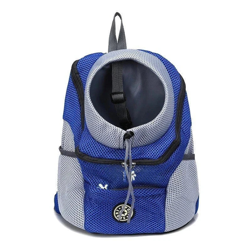 Ergonomischer Hundetransportrucksack mit Hund, atmungsaktivem Mesh, verstellbaren Trägern und integriertem Sicherheitsgurt.