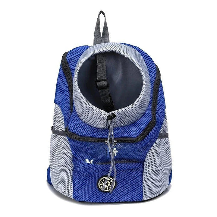 Ergonomischer Hundetransportrucksack mit Hund, atmungsaktivem Mesh, verstellbaren Trägern und integriertem Sicherheitsgurt.