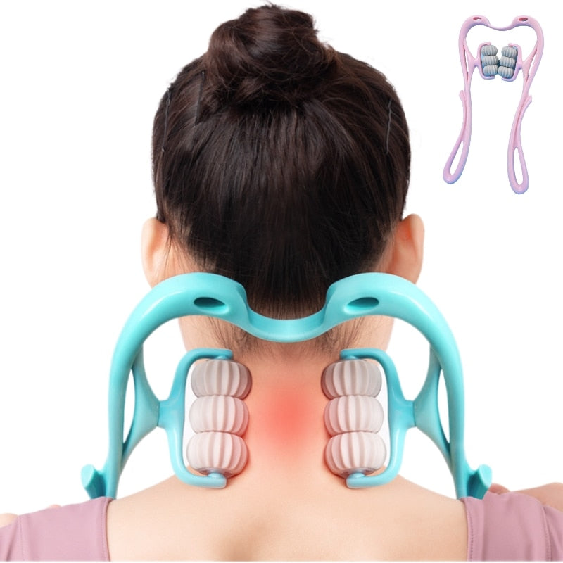 "Ergonomischer Nackenmassageroller, 6 drehbare Kugeln, tragbar, für Nacken- und Rückenmuskeln, geräuschfrei"