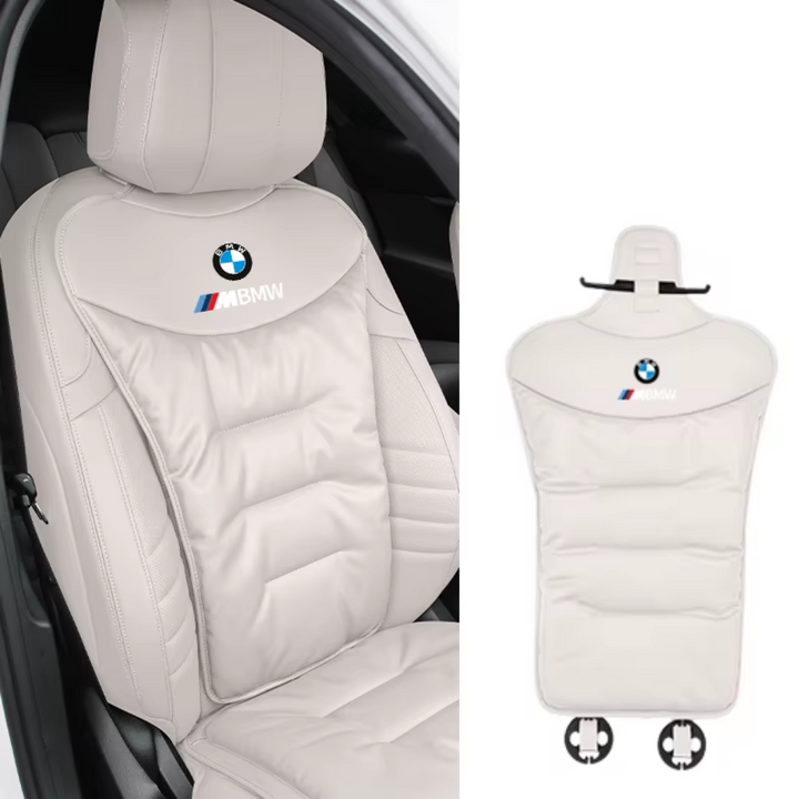 "Ergonomisches Autositzkissen auf Autositzen, beiges Material für optimale Rückenunterstützung, ergonomisch geformt."