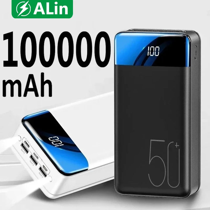 Externe 100.000mAh Powerbank, großes weißes Rechteck, schnelles Laden für Mobilgeräte, tragbar und kompakt.