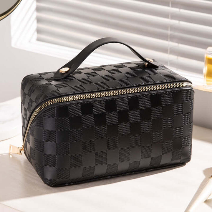 Trousse de maquillage spacieuse en cuir PU