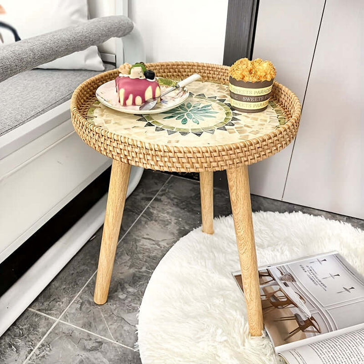 Table d'appoint ronde en rotin - bois naturel