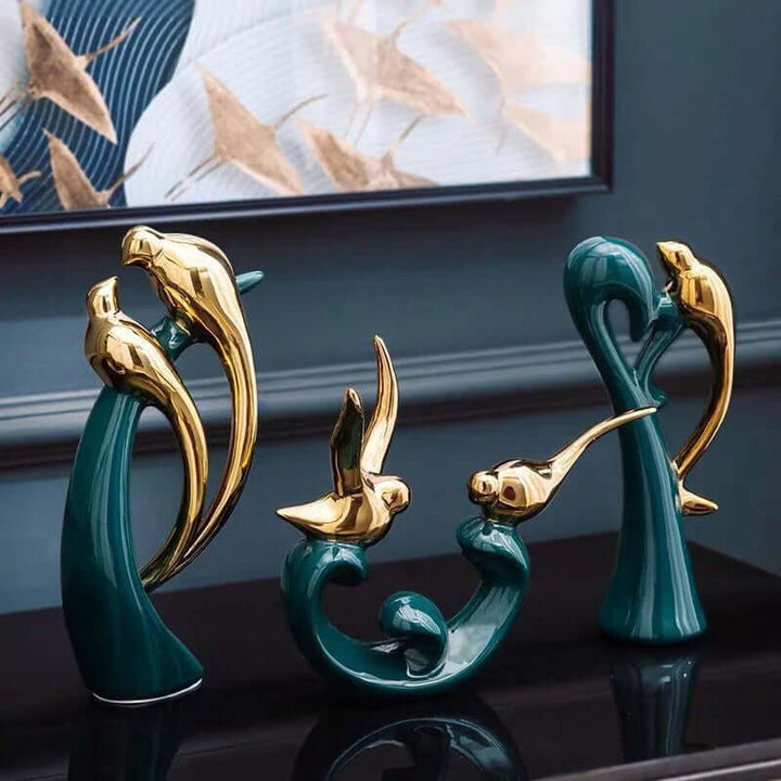 Figurine décorative d'oiseau en céramique - vert or