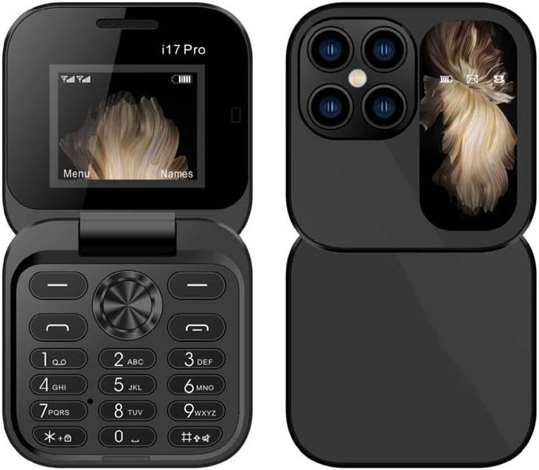 "Faltbares Mini-Handy mit Klappdesign, dualer SIM-Nutzung und LED-Taschenlampe in elegantem Schwarz."